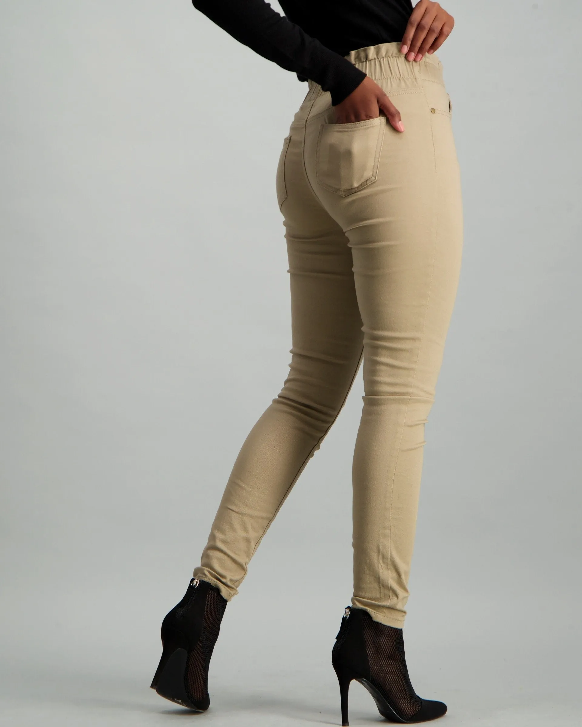 Ladies Light Fatigue Gathered Elastic High-Waisted Double Button Straight Leg Denim Jean