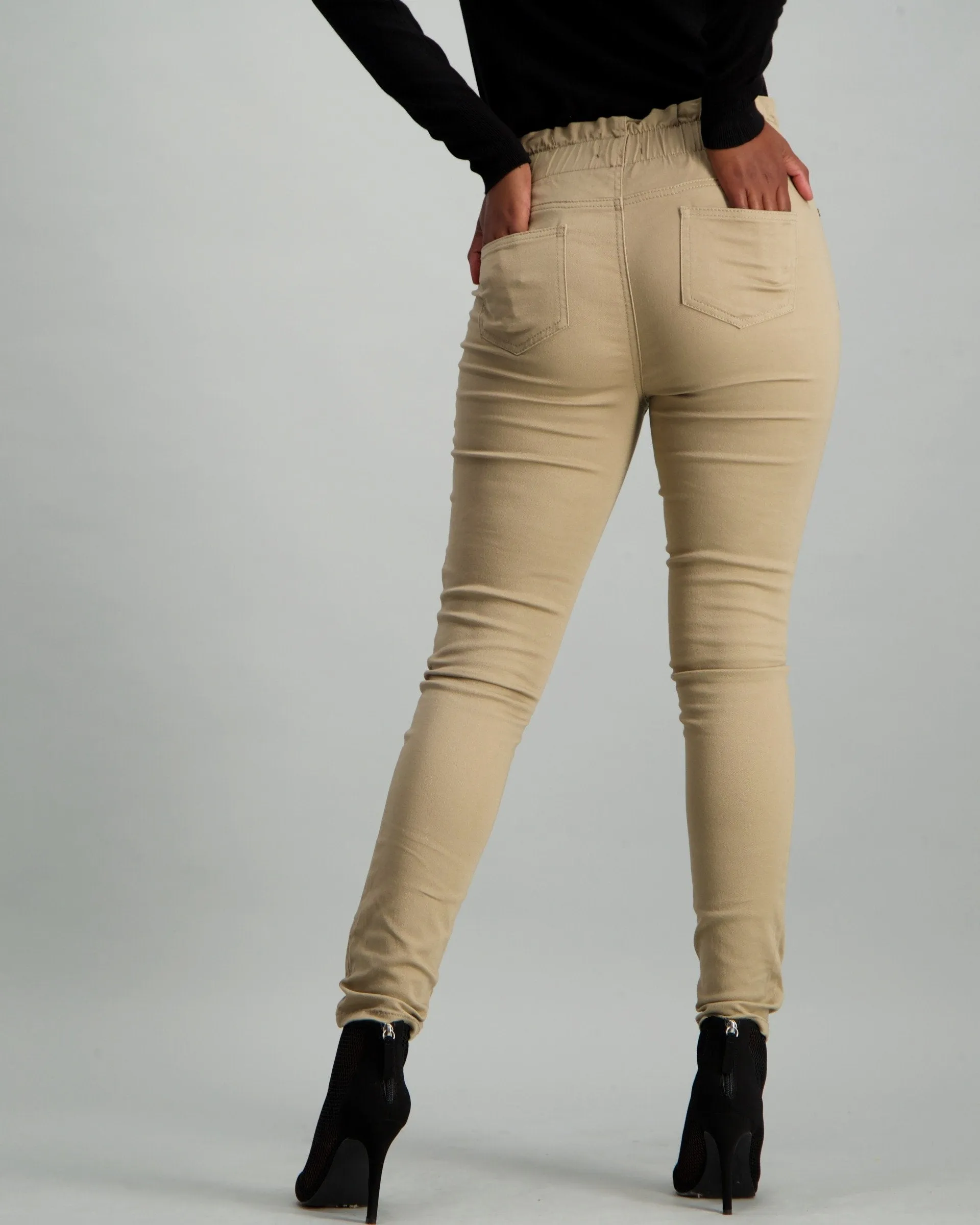 Ladies Light Fatigue Gathered Elastic High-Waisted Double Button Straight Leg Denim Jean