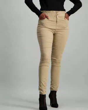 Ladies Light Fatigue Gathered Elastic High-Waisted Double Button Straight Leg Denim Jean