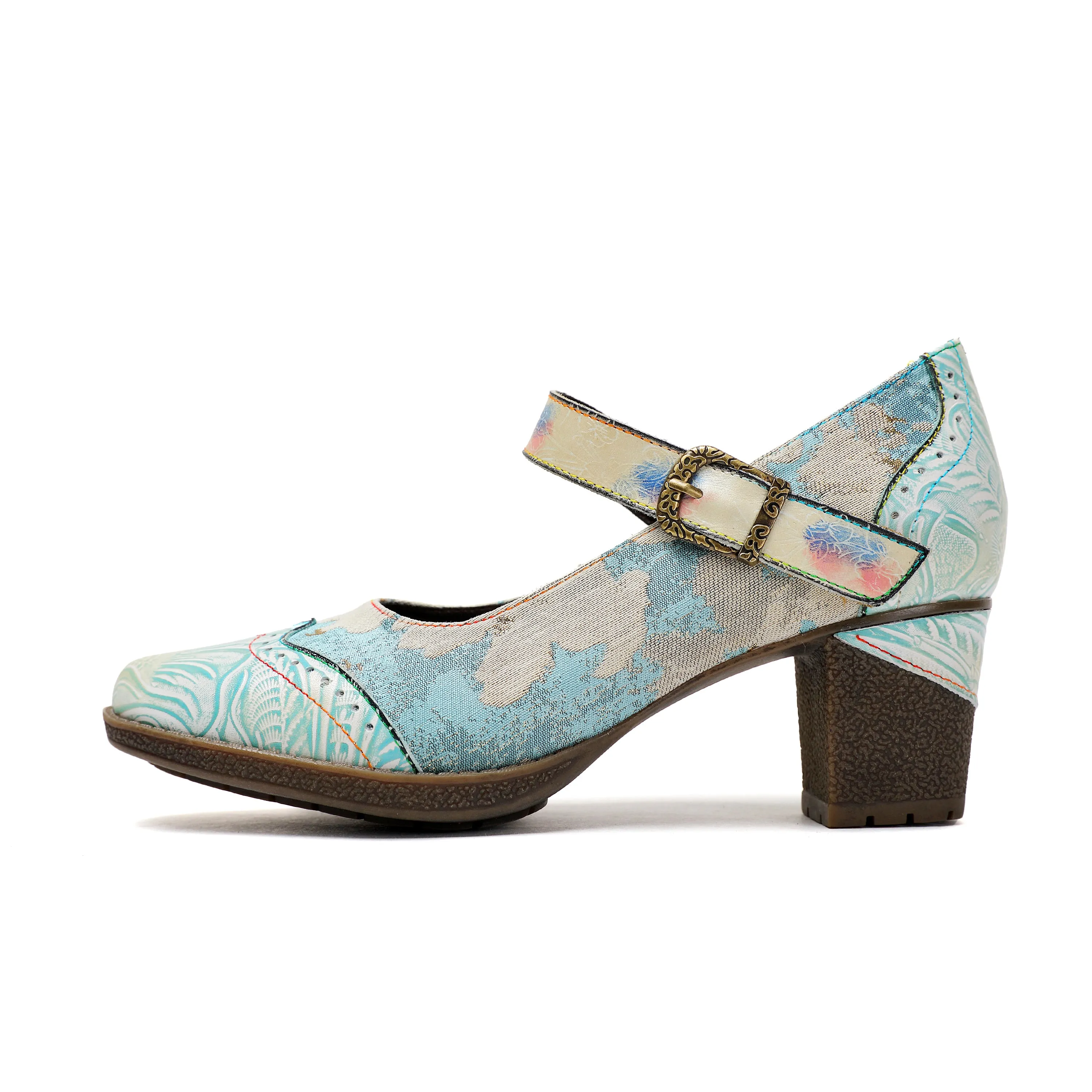 Lady's Heels Handmade Shoes Wedding Party Elegant Vintage Leather Buckle Light Blue Pumps