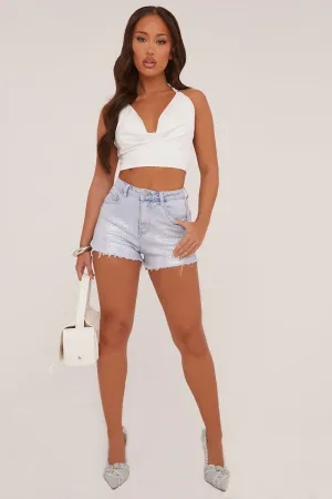 Light Blue Iridescent Detail Denim Shorts - Erin