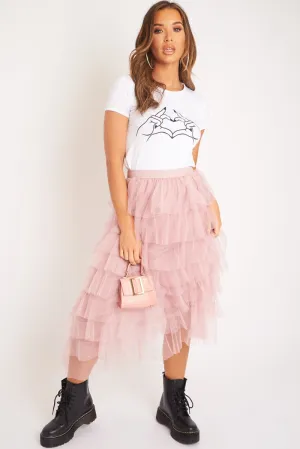 Light Pink High Waisted Tulle Ruffle Midi Skirt - Aaliyana