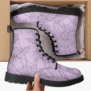 Light Purple Floral Leather Combat Boots