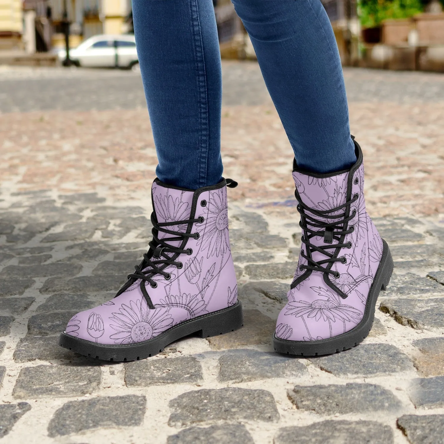 Light Purple Floral Leather Combat Boots