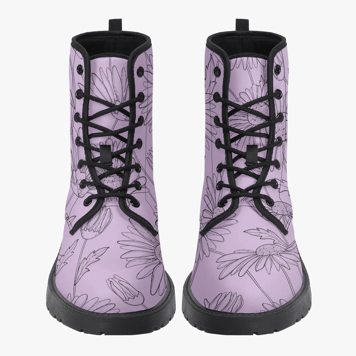 Light Purple Floral Leather Combat Boots