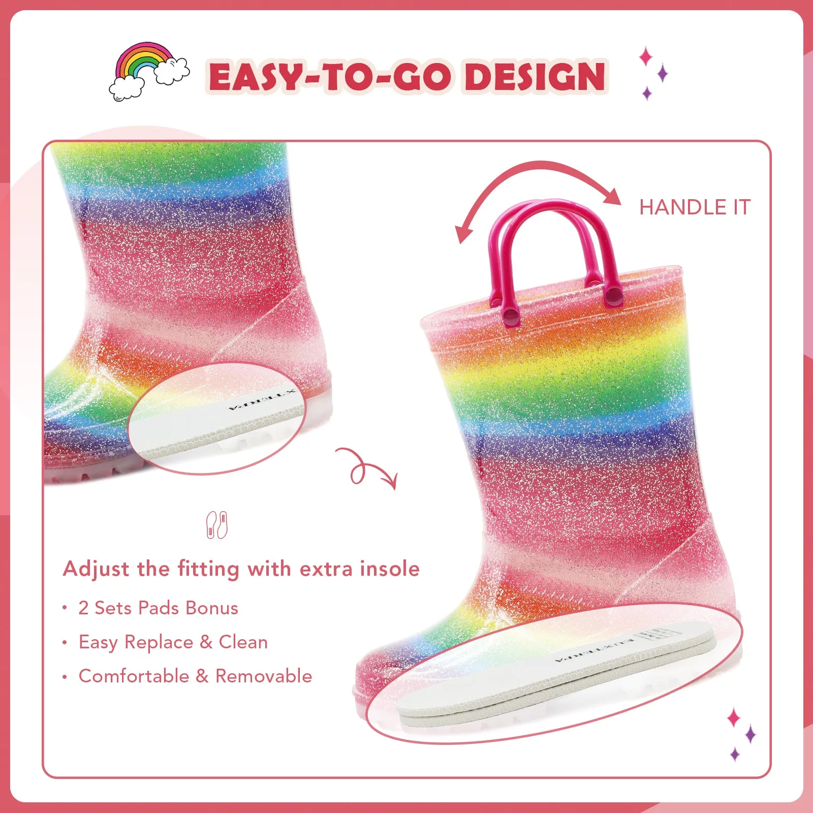 Light Up Girls Rain Boots with Handles