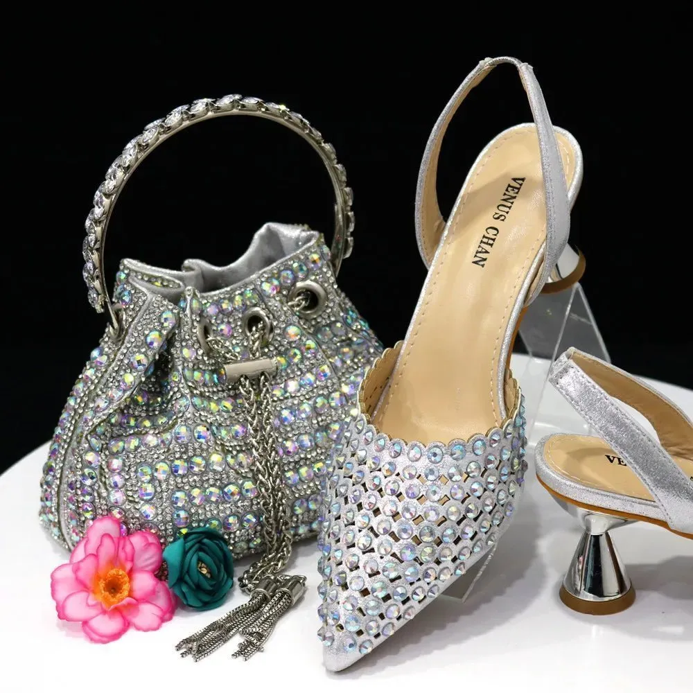 Luxury Diamond Pointed Toe Wedding Shoes & Bag Set
