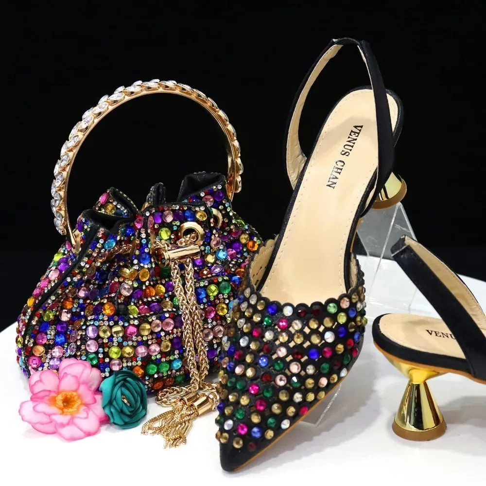 Luxury Diamond Pointed Toe Wedding Shoes & Bag Set