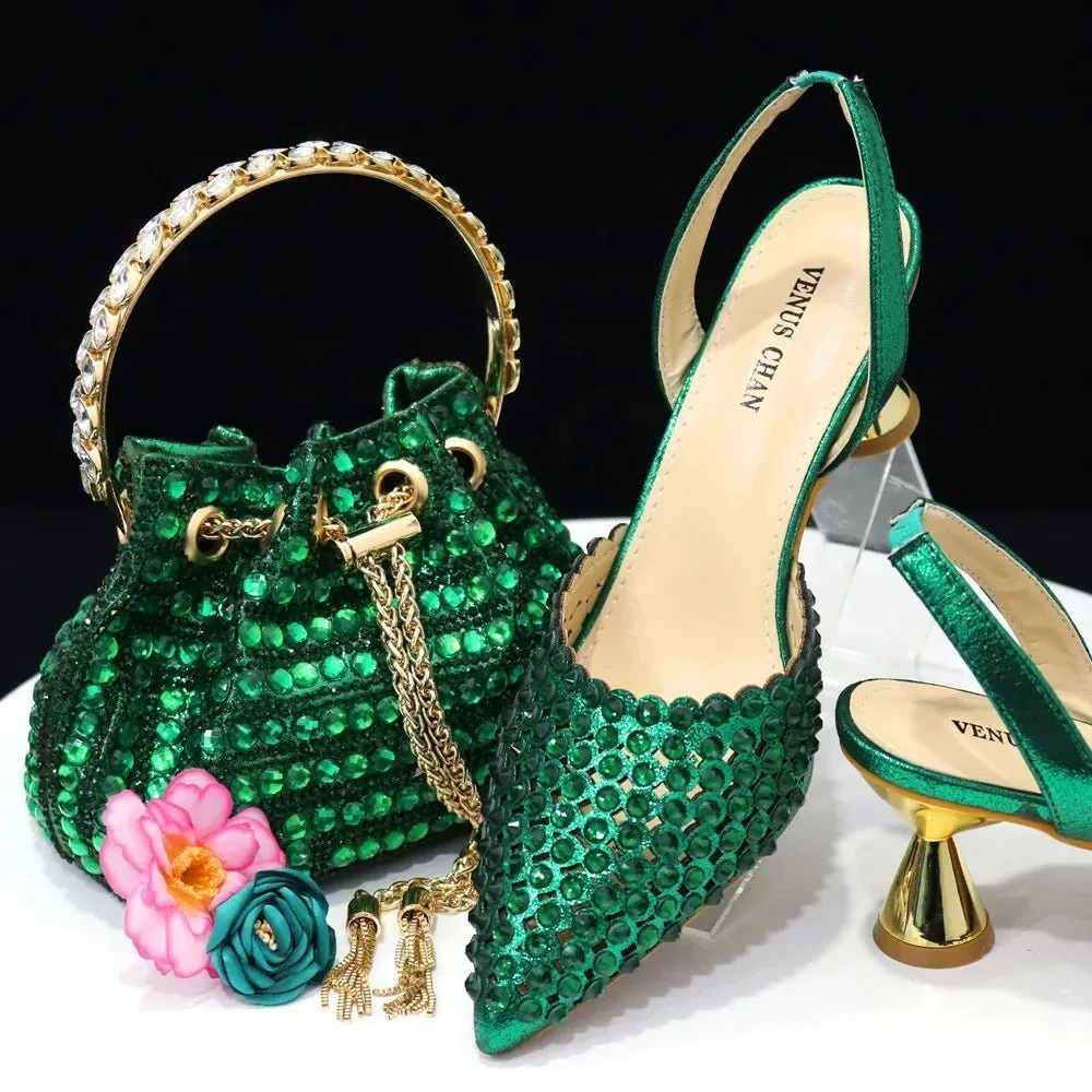 Luxury Diamond Pointed Toe Wedding Shoes & Bag Set