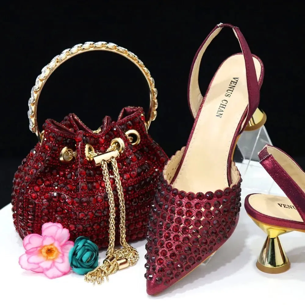 Luxury Diamond Pointed Toe Wedding Shoes & Bag Set