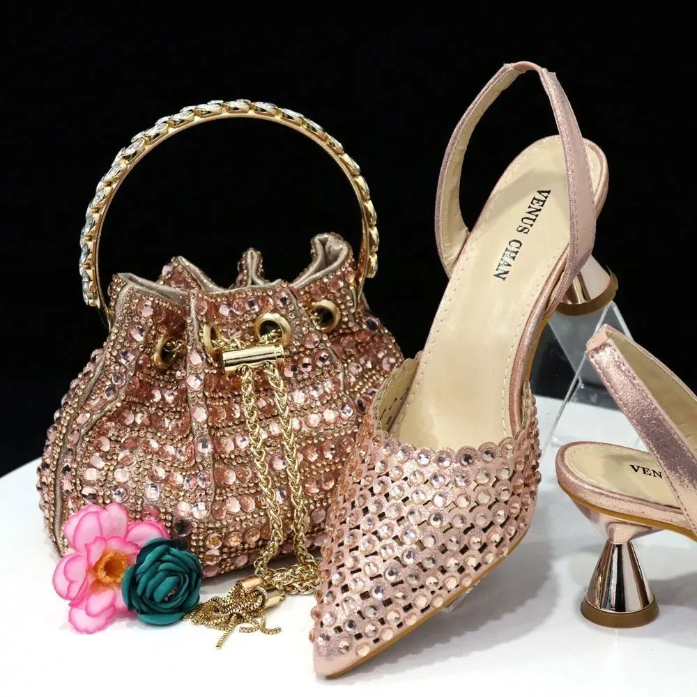 Luxury Diamond Pointed Toe Wedding Shoes & Bag Set