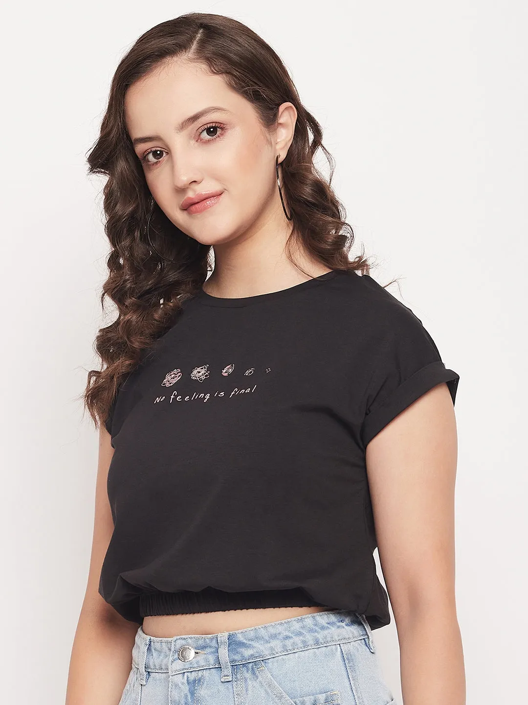 Madame Black Cotton Typography Elasticated Waist Crop Top
