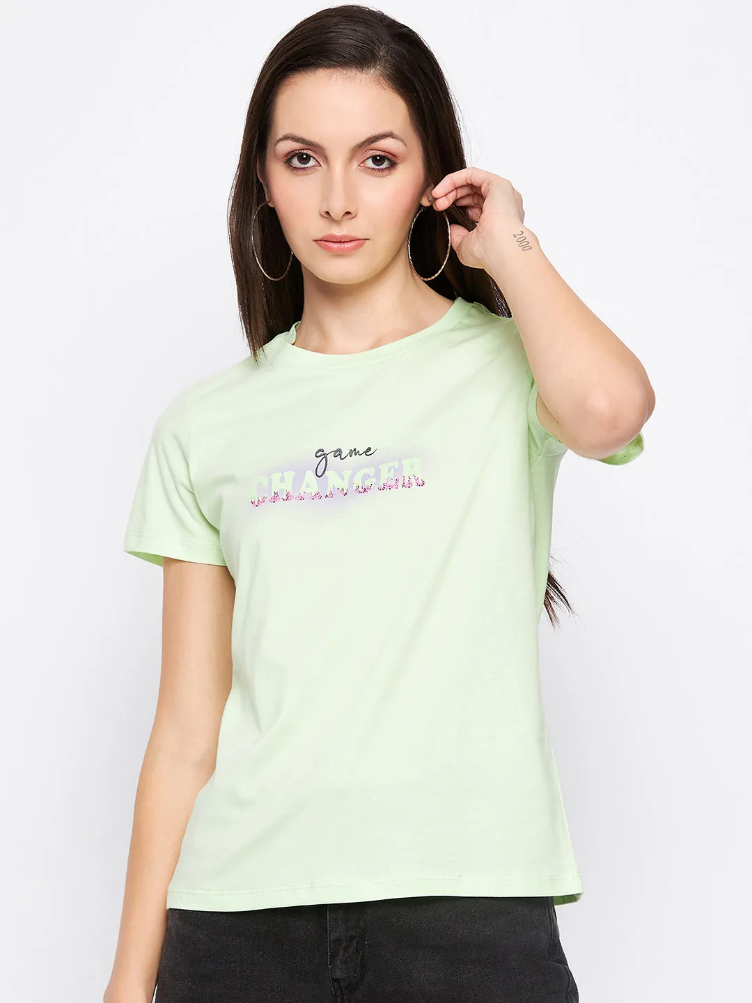 Madame Neon Green Typography Regular Fit Tshirt