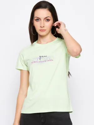 Madame Neon Green Typography Regular Fit Tshirt
