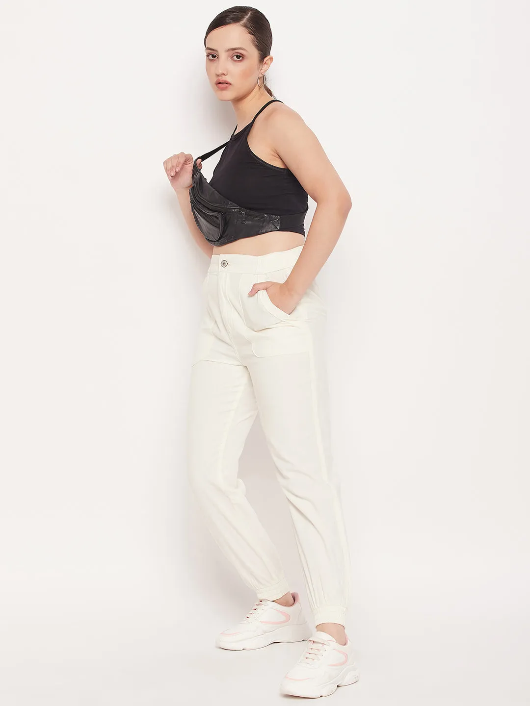 Madame White Elasticated  Cotton Joggers