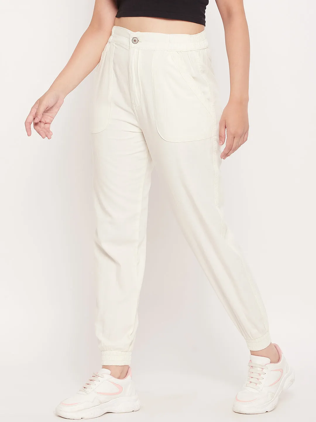 Madame White Elasticated  Cotton Joggers