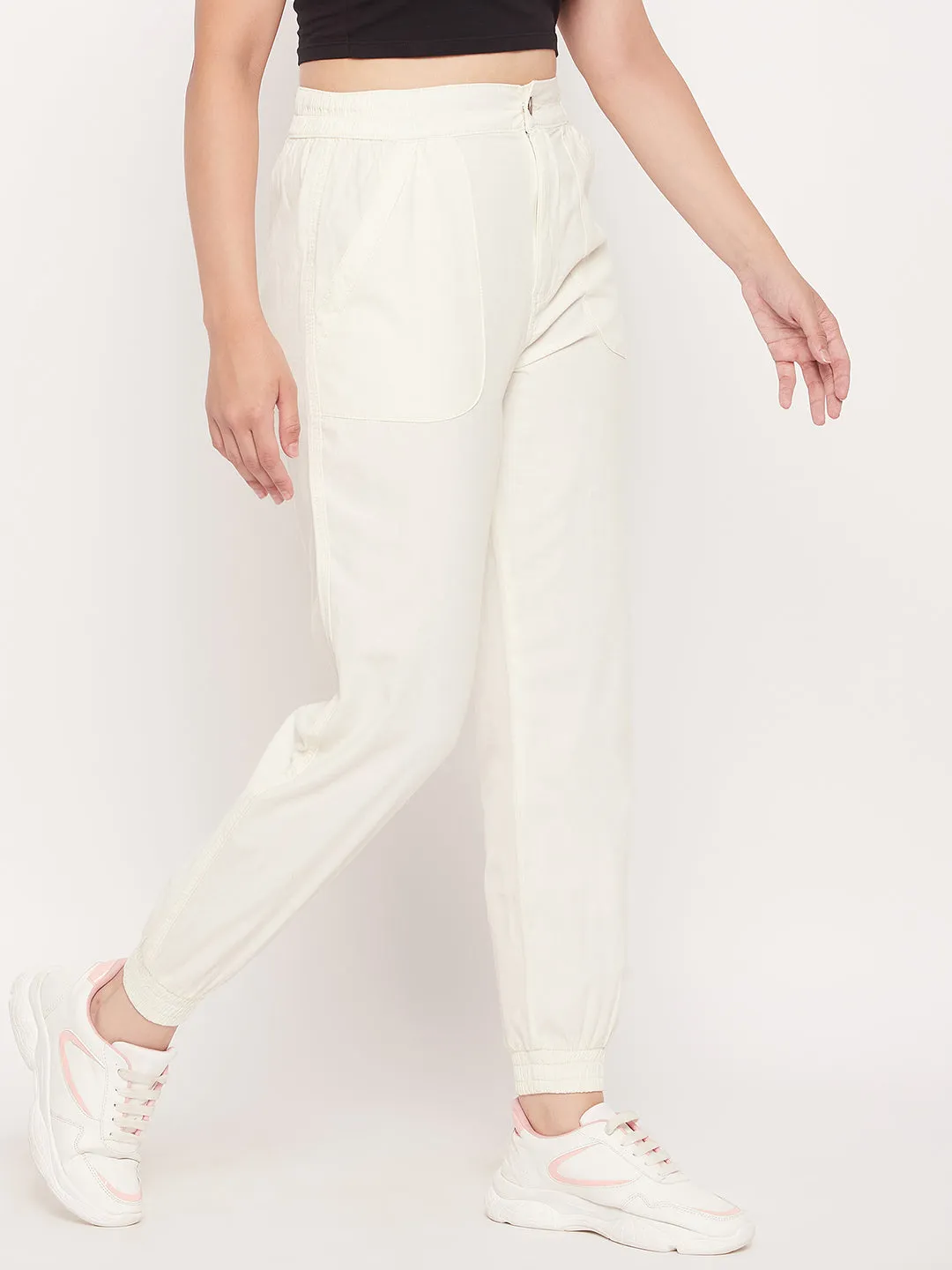 Madame White Elasticated  Cotton Joggers