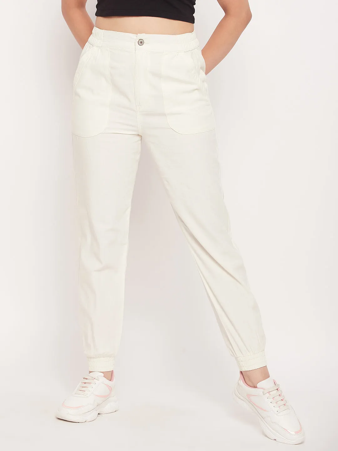 Madame White Elasticated  Cotton Joggers