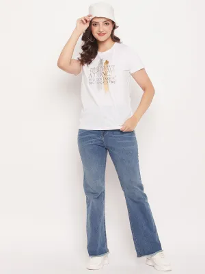 Madame White Typography Cotton Regular Fit  T-Shirt