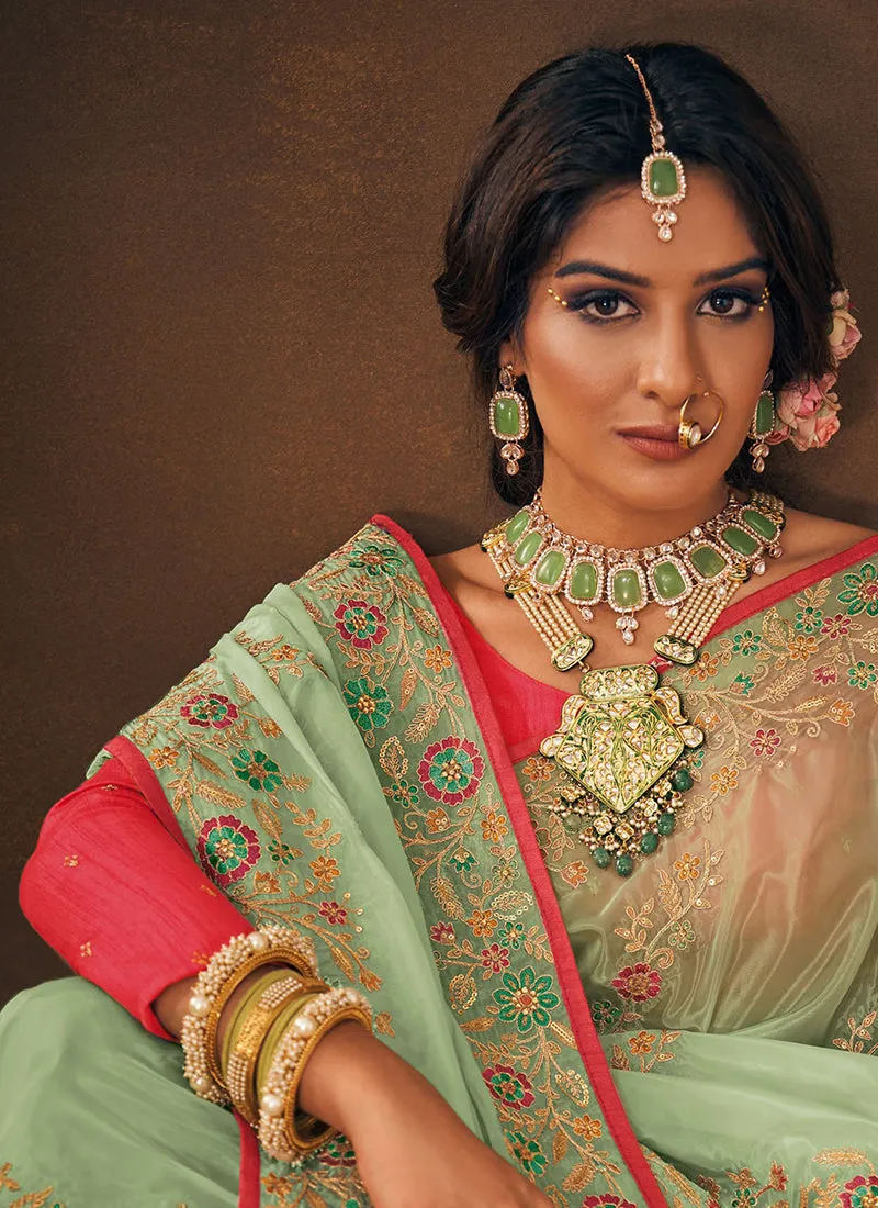 Mint Green Sequence Embroidery Wedding Saree