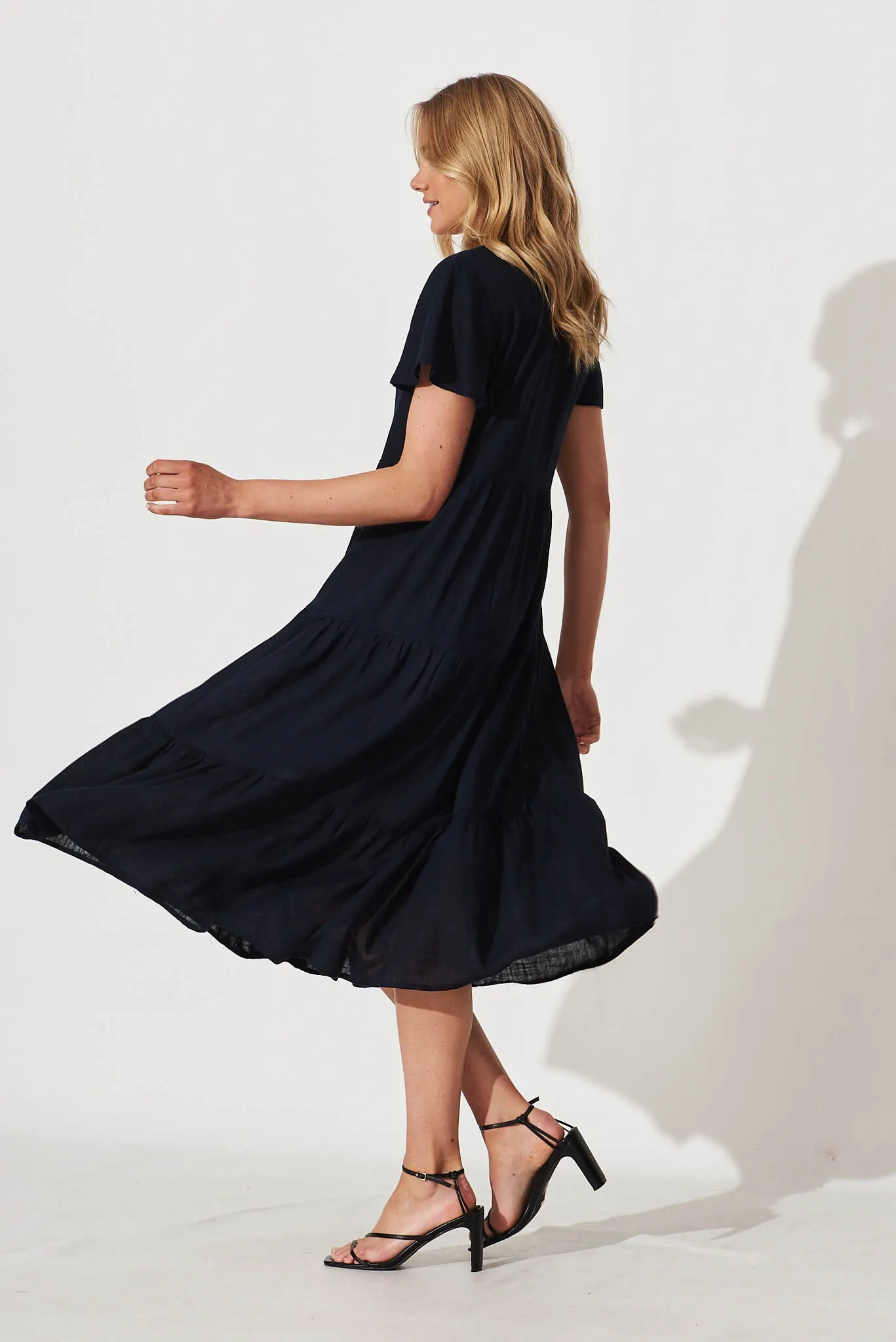 Navy Linen Blend Midi Shirt Dress by Marvela
