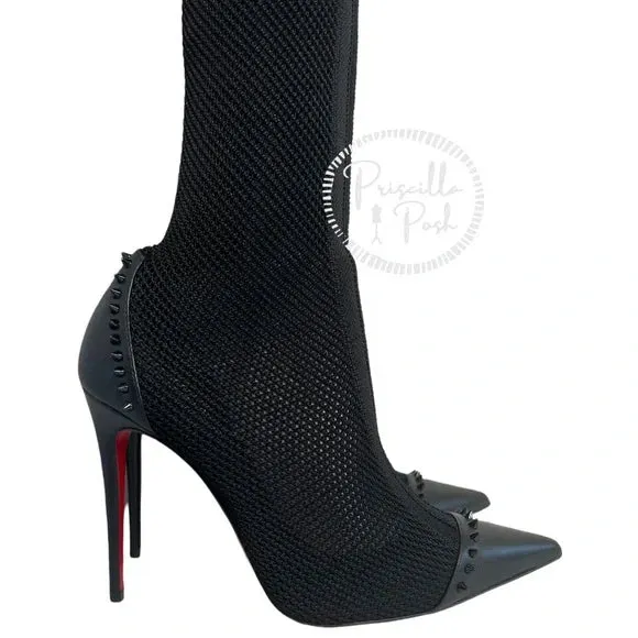 NEW Christian Louboutin Souricette 100 black studded knee high sock boots 37.5