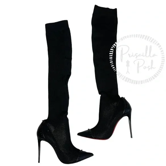 NEW Christian Louboutin Souricette 100 black studded knee high sock boots 37.5