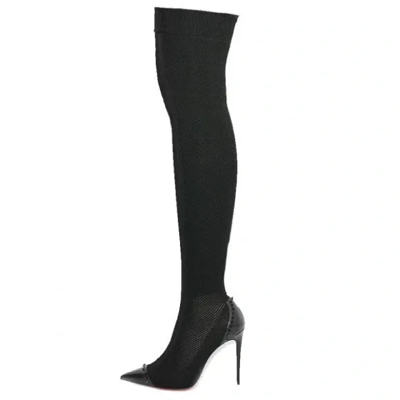 NEW Christian Louboutin Souricette 100 black studded knee high sock boots 37.5