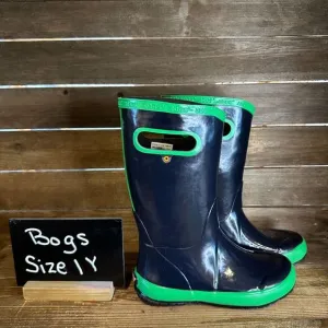 New NWOB Big Kids Childrens Bogs Solid Navy Blue Rubber Rain‎ Boots Size 1 Y