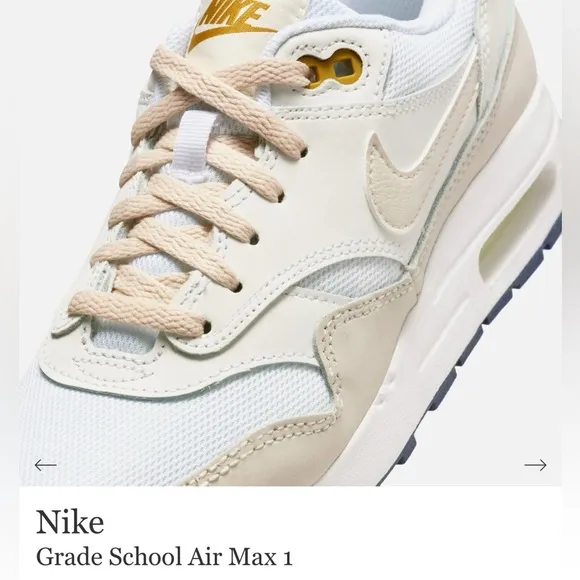 Nike Air Max 1 GS Kids 1.5 Grade School Sneakers in White/Bronzine