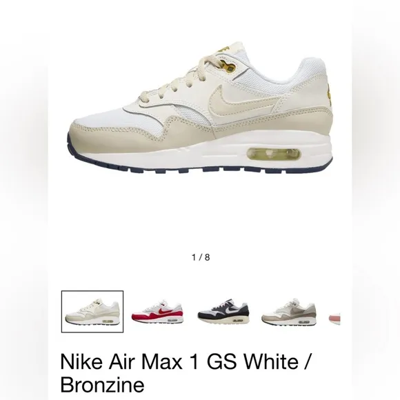 Nike Air Max 1 GS Kids 1.5 Grade School Sneakers in White/Bronzine