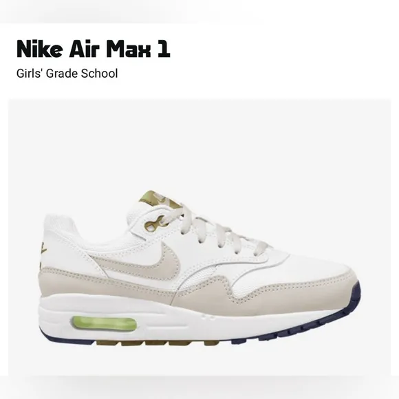 Nike Air Max 1 GS Kids 1.5 Grade School Sneakers in White/Bronzine