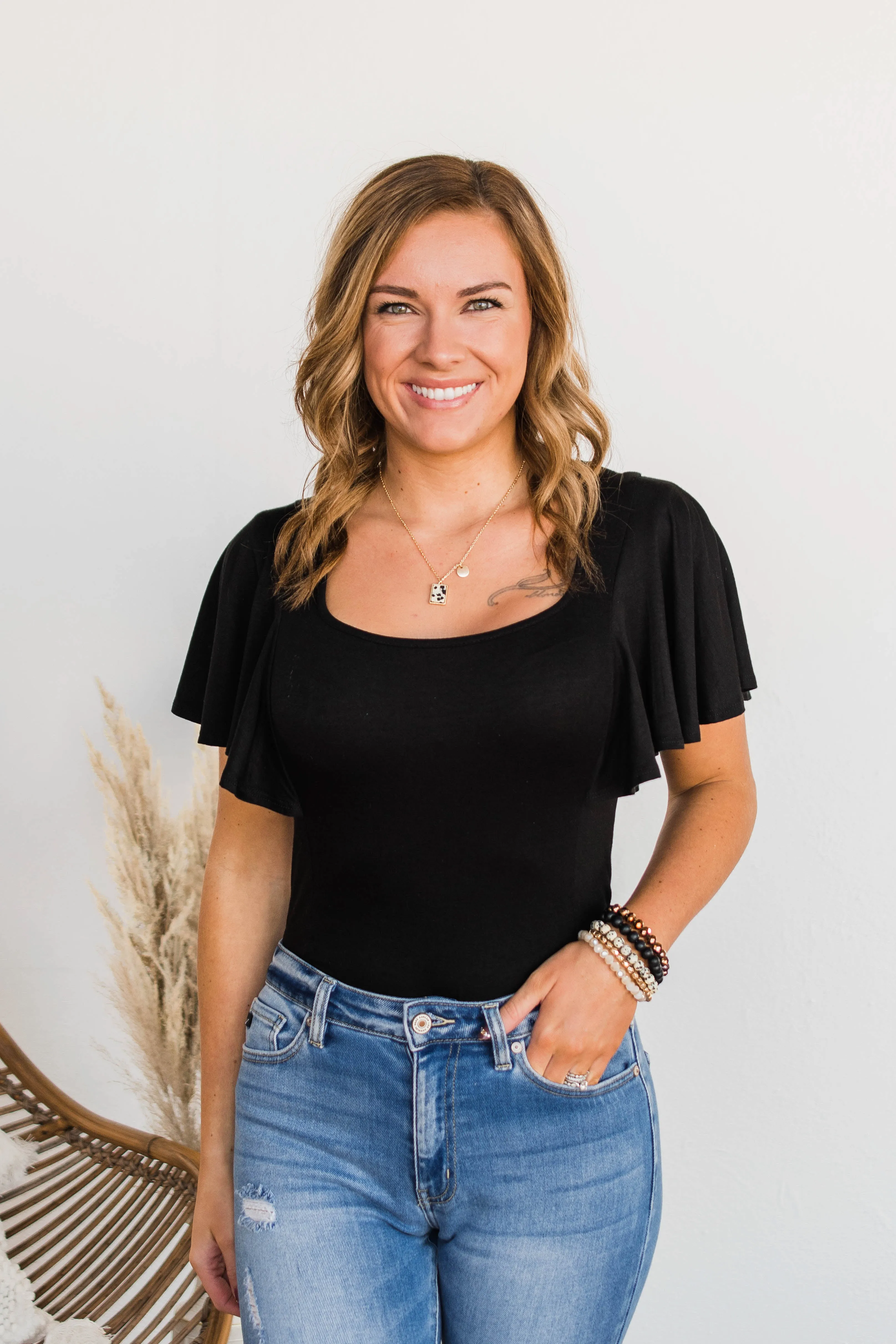 No Time Wasted Flutter Sleeve Bodysuit- Black
