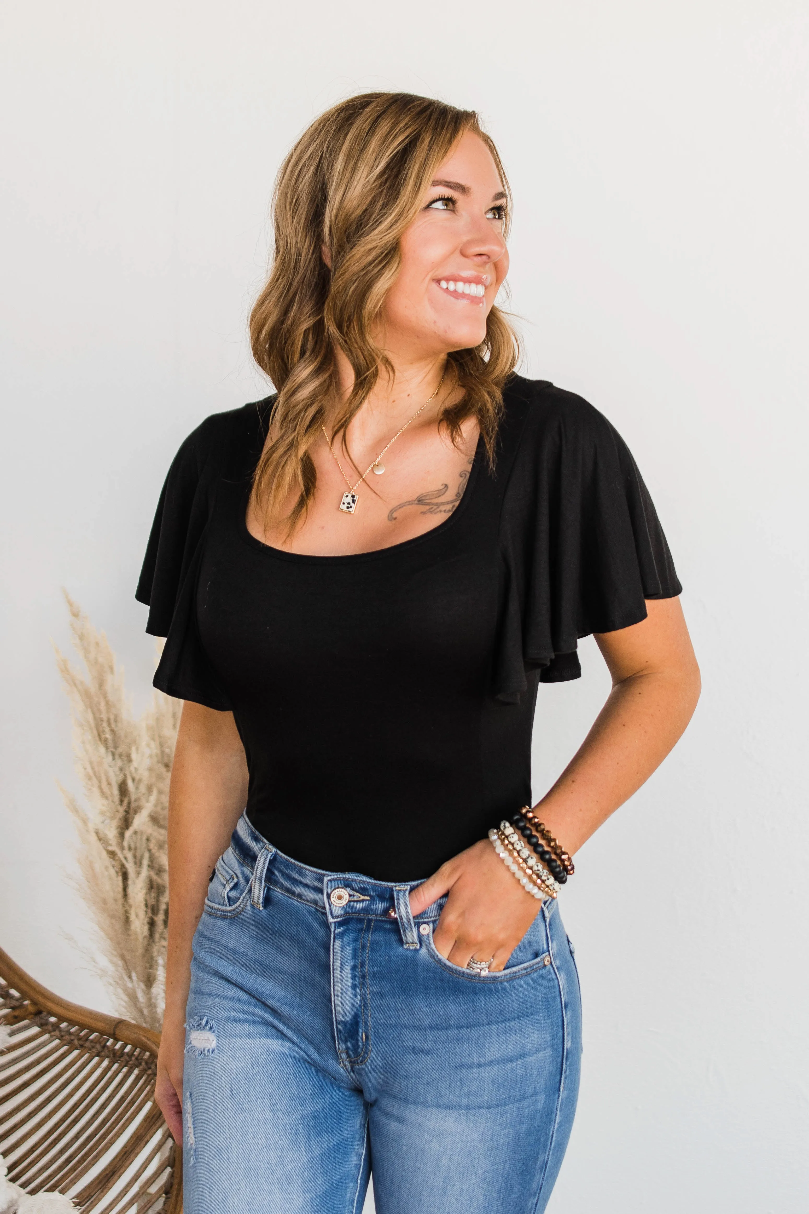 No Time Wasted Flutter Sleeve Bodysuit- Black