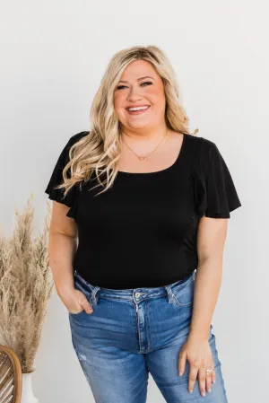 No Time Wasted Flutter Sleeve Bodysuit- Black