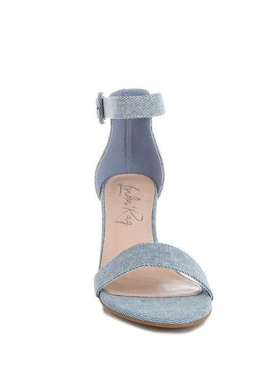 Ozula Denim Kitten Heel Sandals - Chic Minimalist Design, Ankle Strap, Comfort Fit