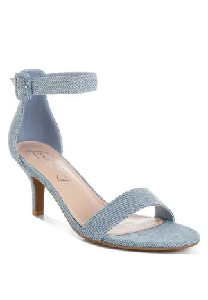 Ozula Denim Kitten Heel Sandals - Chic Minimalist Design, Ankle Strap, Comfort Fit