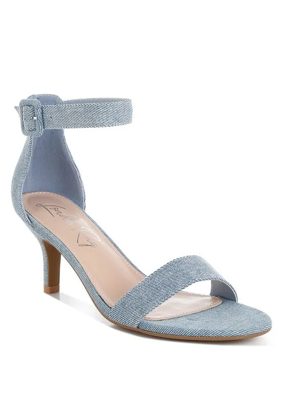 Ozula Denim Kitten Heel Sandals - Chic Minimalist Design, Ankle Strap, Comfort Fit