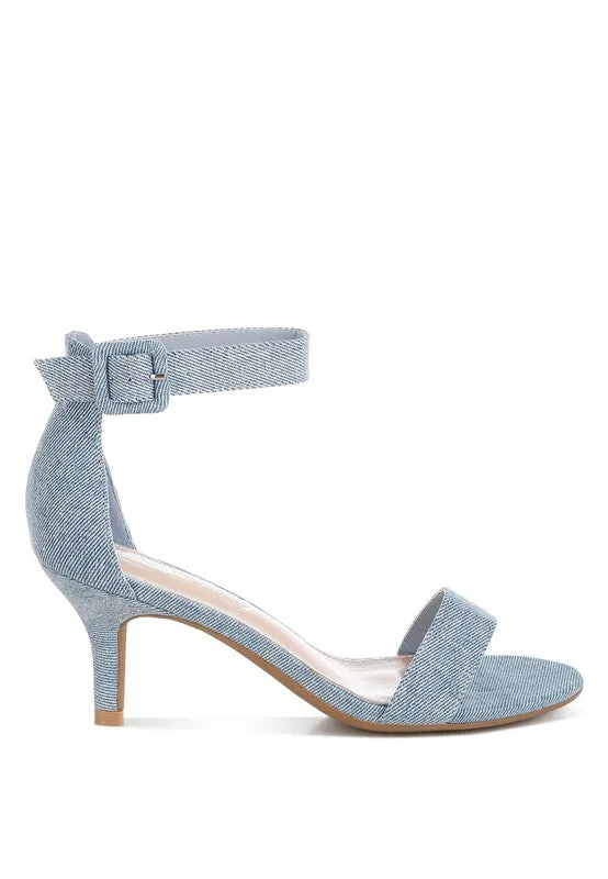 Ozula Denim Kitten Heel Sandals - Chic Minimalist Design, Ankle Strap, Comfort Fit