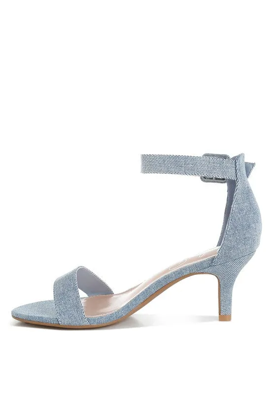 Ozula Denim Kitten Heel Sandals - Chic Minimalist Design, Ankle Strap, Comfort Fit