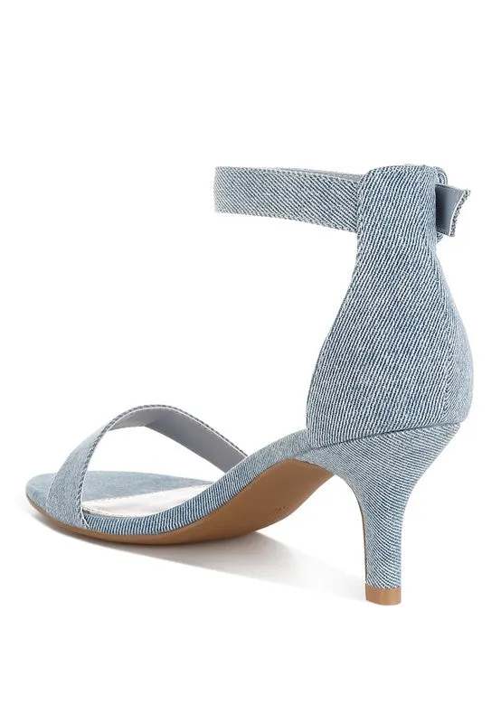 Ozula Denim Kitten Heel Sandals - Chic Minimalist Design, Ankle Strap, Comfort Fit
