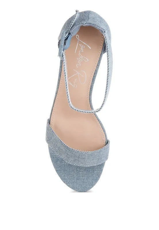 Ozula Denim Kitten Heel Sandals - Chic Minimalist Design, Ankle Strap, Comfort Fit