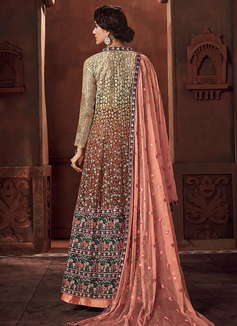 Peach Embroidered Lehenga Style Anarkali Suit
