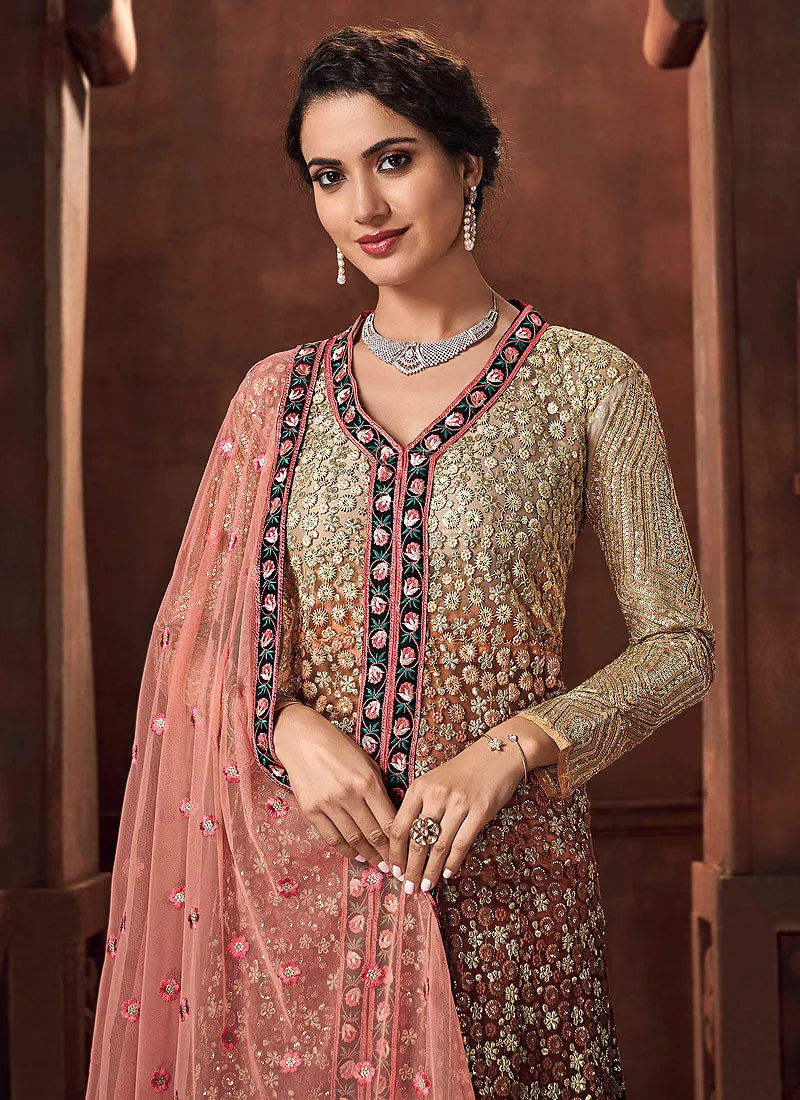 Peach Embroidered Lehenga Style Anarkali Suit