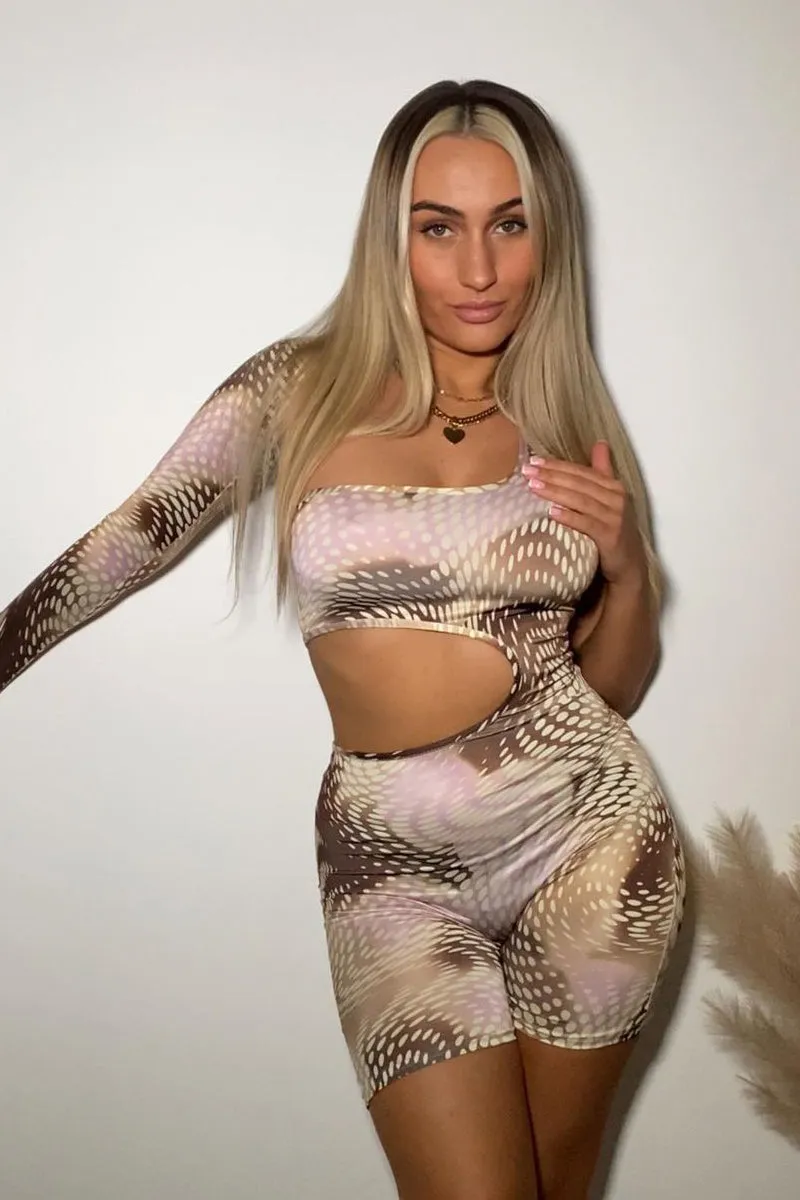 Pink Cut Out Spot Print One Sleeve Playsuit - River