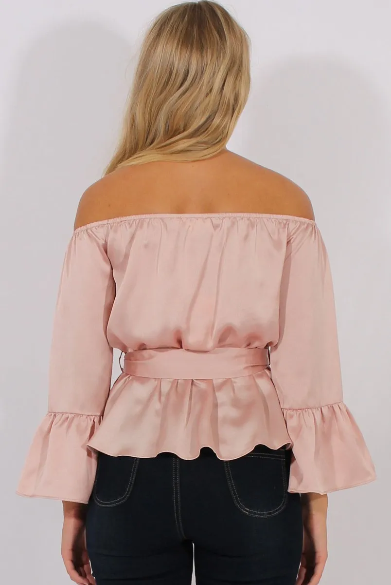 Pink Silk Bardot Bell Sleeves Top - Fawn