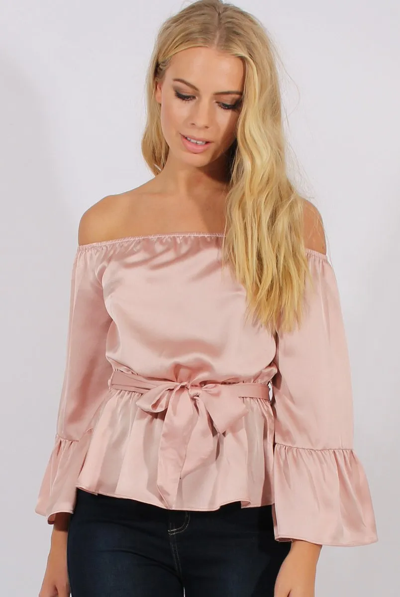 Pink Silk Bardot Bell Sleeves Top - Fawn