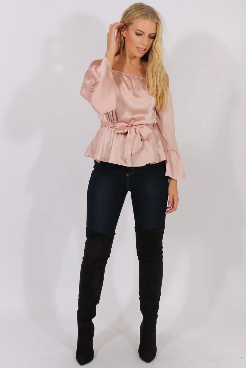 Pink Silk Bardot Bell Sleeves Top - Fawn