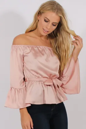 Pink Silk Bardot Bell Sleeves Top - Fawn