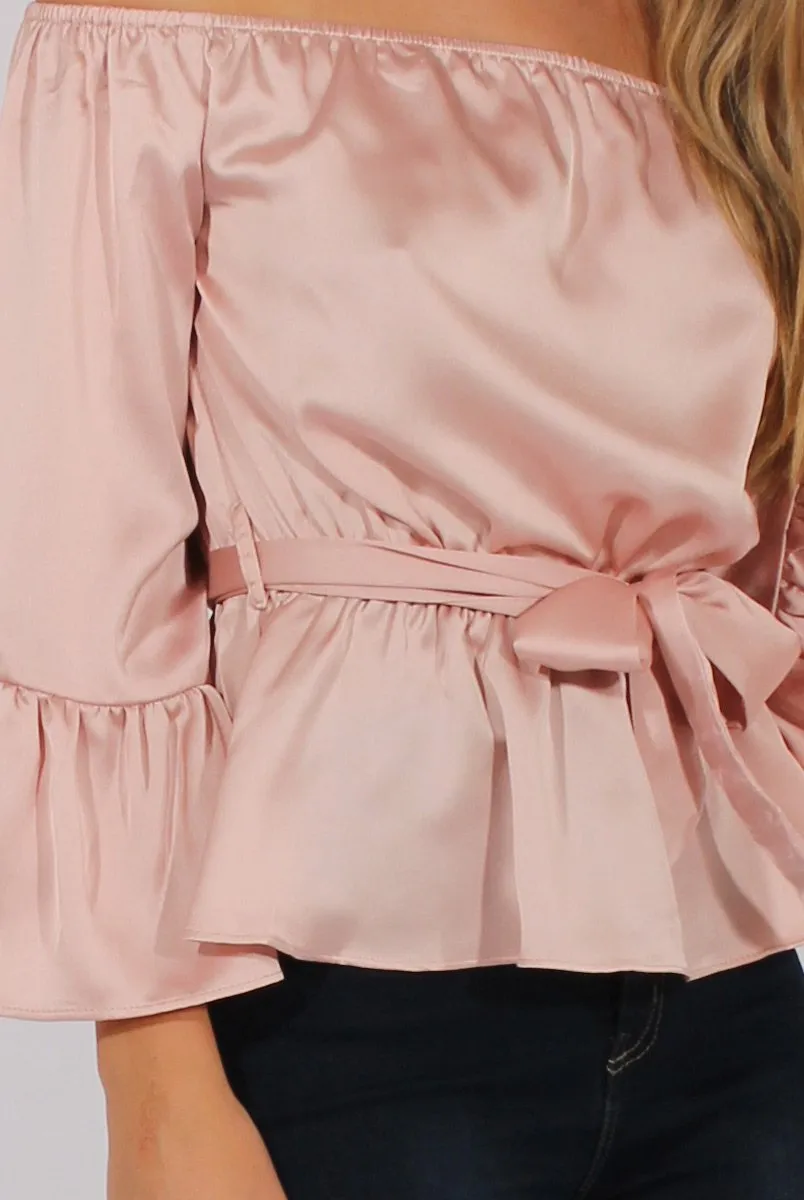 Pink Silk Bardot Bell Sleeves Top - Fawn